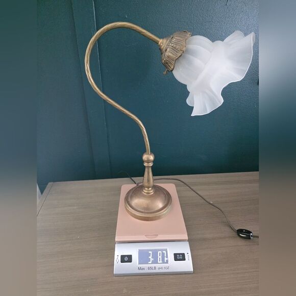 Vintage Brass And Glass Gooseneck Table Lamp/Decorative Nightstand French 16x11 - Picture 5 of 12